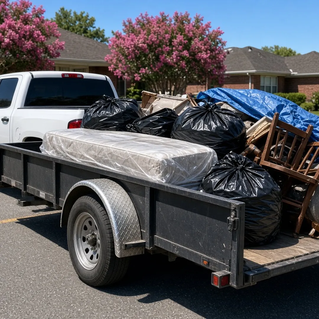 Utility trailer loaded with bags and old furniture from a hoarding cleanout