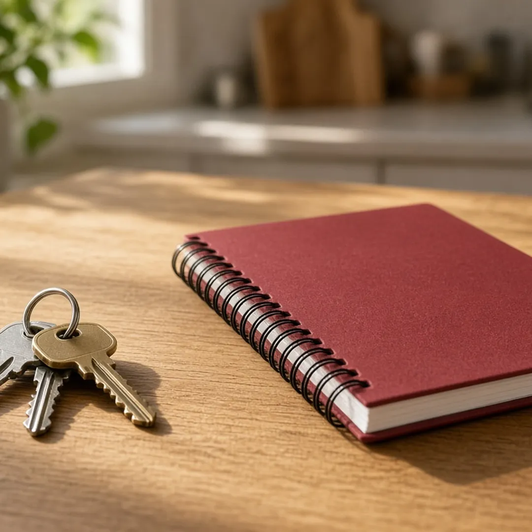 House keys beside a closed notebook on a table